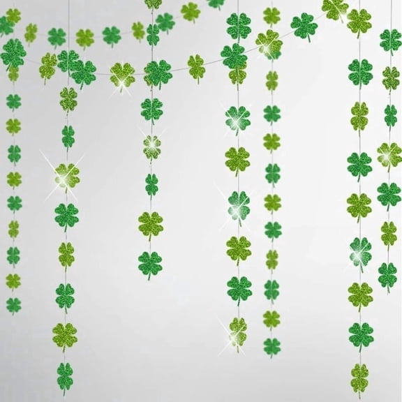 4Pcs 52Ft Glitter Green Shamrock Garlands Hanging Paper Streamers Backdrops for St Patricks Day Decorations St Paddys Day Birthday Irish Lucky Spring Party Home Ceiling Decorations Supplies