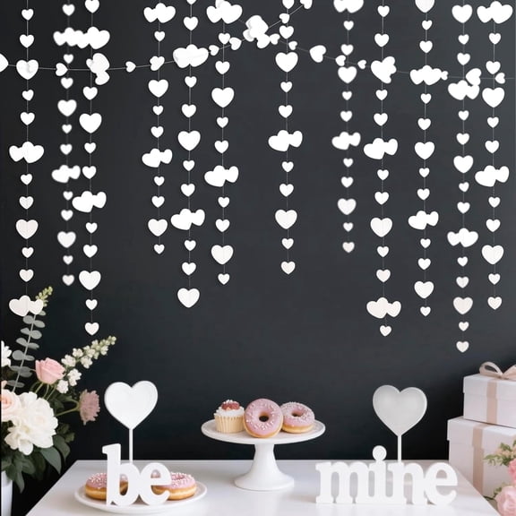 4Pcs 52Ft White Love Heart Hanging Garlands Streamers Backdrops for Valentines Day Wedding Anniversary Bridal Shower Engagement Mothers Day Bachelorette Winter Romantic Party Decorations Supplie