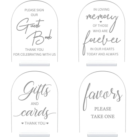 4Pcs 5x7 Inch Acrylic Wedding Signs with Stands Clear Acrylic Wedding Reception Signs Guest Book Sign Gifts and Cards Sign In Loving Memory Sign Favors Sign for Wedding Ceremony Reception White
