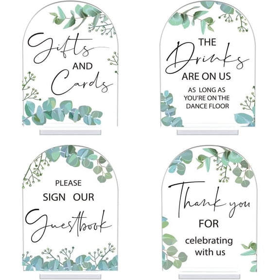 4Pcs 5x7 Inch Acrylic Wedding Signs with Stands Leaf Clear Acrylic Wedding Reception Signs Guest Book Sign Gifts and Cards Sign Thank You Sign Drinks Sign for Wedding Ceremony Reception colorful