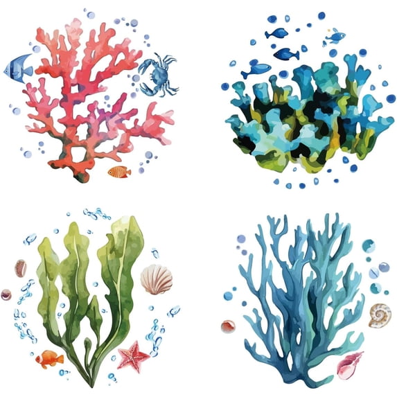 4Pcs 6.3 Inch Coral Window Clings Decoration Underwater Seaweed Starfish Seashell Removable Static Sliding Door Glass Window Decals Alert Sticker for Stop Birds Strikes Home Decor 1set