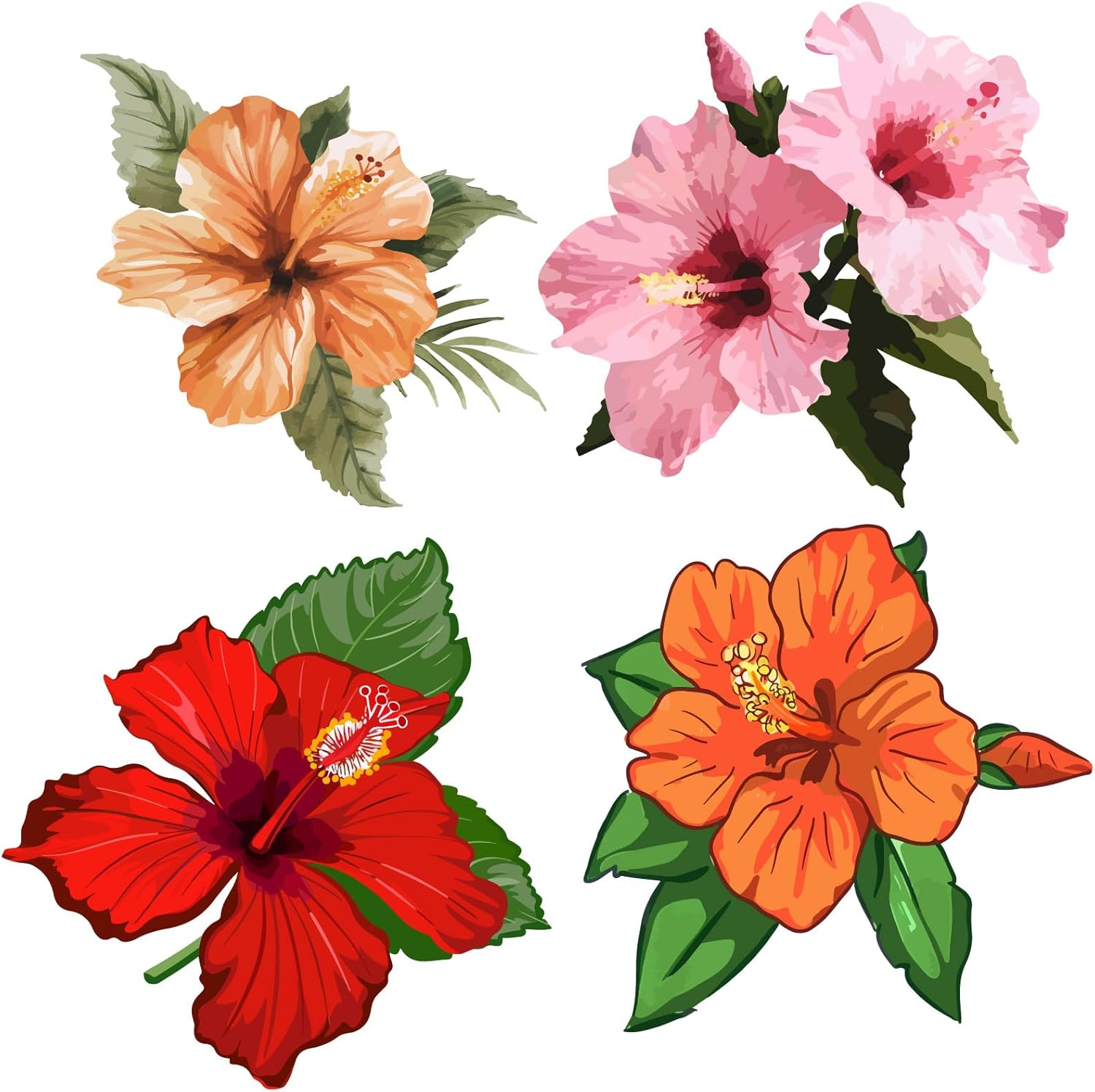 Round Window Sticker 4Pcs 6.3 Inch Hibiscus Flower Window Decal Plastic PVC Red Orange Pink ...