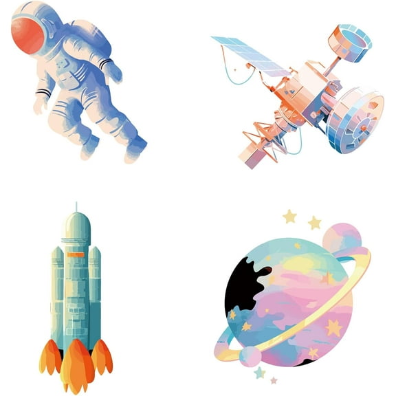 4Pcs 6.3 Inch Outer Space Window Decals Astronaut Planets Rockets Solar System Window Stickers Removable Anti Collision Alert Glass Cling for Birds Party Bedroom Nursery Living Room Decor 1set