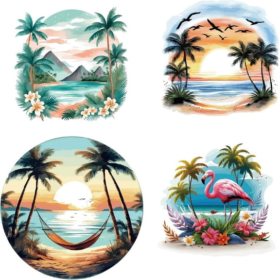 4Pcs 6.3 Inch Palm Tree Window Stickers Beach Sunset Flamingo Sea Window Cling Non Adhesive PVC Waterproof Reusable Vinyl Alert Film Glass Door Decoration for Stop Birds from Hitting