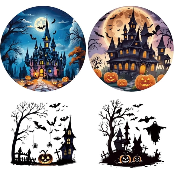 4Pcs 6.3 Inch Scary Window Stickers Night Castle Bat Pumpkin Removable Non Adhesive Round Black Glass Window Decals Cling Vinyl Alert Film for Home Office Decorations Gold