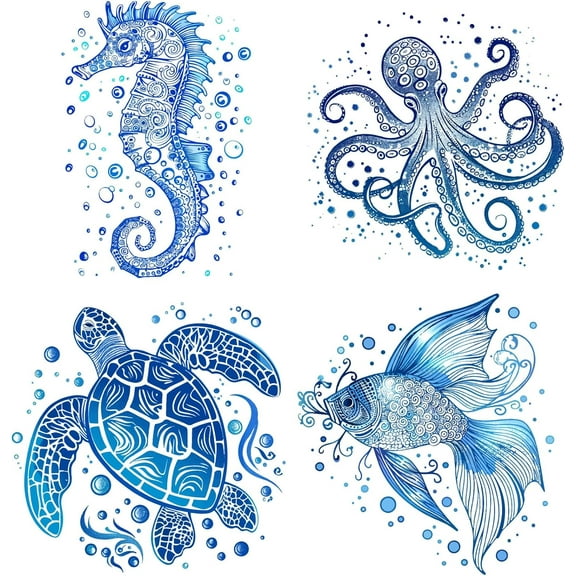 4Pcs 6.3 Inch Sea Animal Window Stickers Plastic PVC Summer Ocean Themed Animals Turtles Fish Seahorse Octopus Double-Sided Cling for Home Windows Door Under The Sea Party Decor Supplies Colorful