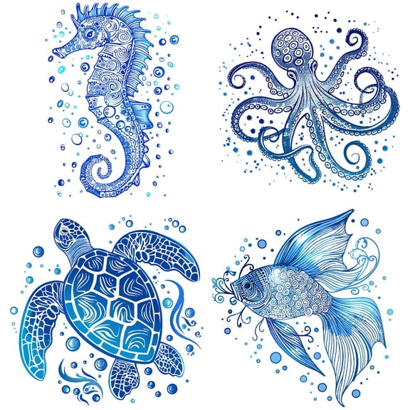 4Pcs 6.3 Inch Sea Animal Window Stickers Plastic PVC Summer Ocean Themed Animals Turtles Fish Seahorse Octopus Double-Sided Cling for Home Windows