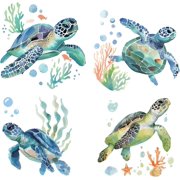 4Pcs 6.3 Inch Sea Turtle Window Cling Reusable Ocean Creatures Coral Seaweed Glass Sliding Door Sticker Static Decal PVC Vinyl Alert Decal to Prevent Birds Strike