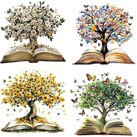 4Pcs 6.3 Inch Tree of Life Window Sticker Flowers Butterfly Book Removable Window Decals PVC Vinyl Film Non Adhesive Alert Cling for Stop Birds Dogs Pets Strikes Home Office Shop Decor for DIY