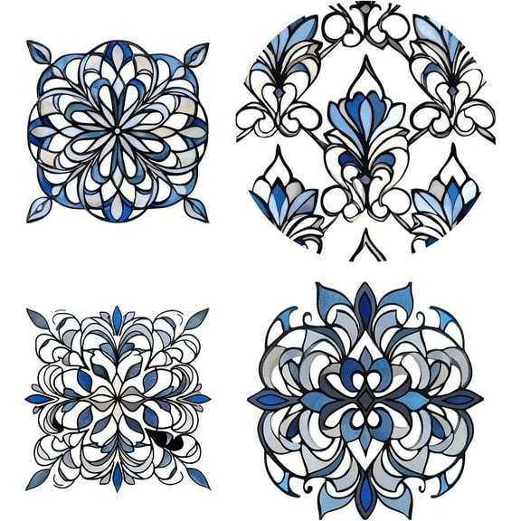 4Pcs 6.3 Inch Vintage Window Stickers Blue Floral Pattern Static Window Cling Non Adhesive PVC Waterproof Reusable Vinyl Alert Film Glass Door Decoration for Stop Birds from Hitting Colorful DIY