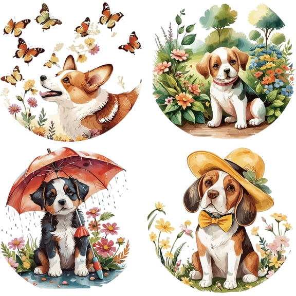 4Pcs 6.3x6.3inch Dog Window Cling Spring Flower Butterfly Pet Round PVC Reusable Waterproof Non Adhesive Static Glass Window Sticker Decals Decoration Alert Film for DIY Making