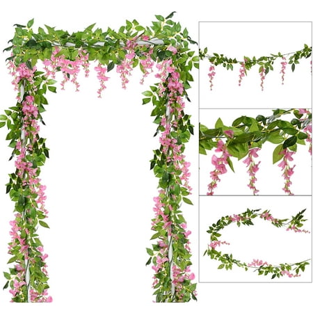 4Pcs 6.6Ft/Piece Artificial Flowers Silk Wisteria Garland Artificial Wisteria Vine Rattan Silk Hanging Flower for Home Garden Outdoor Ceremony Wedding Arch Floral Decor(Pink)