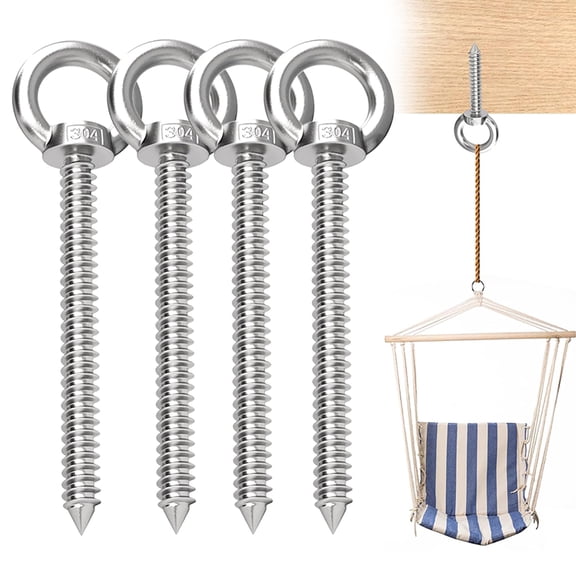 4Pcs 6 Inch M10 Heavy Duty Eye Hooks, 304 Stainless Steel Self Tapping Eyelet Screw, High Strength Screw in Eye Bolts, Rust Resistant Eye Lag Screws for Wood, Swing, Hammock, Indoor Outdoor Hanging H