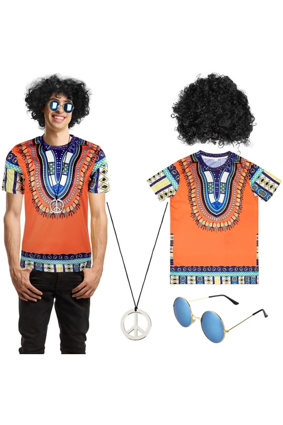 4Pcs 60s 70s Retro Men's Outfits Kit, including Hippie Shirt, Black Afro Wig, Sunglasses, Peace Sign Necklace, Vintage Dressing Accessories, Fancy Dress Party Supplies