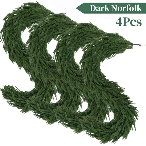 FAKCOJI-4Pcs 6FT Christmas Garland, Real Touch Norfolk Pine Garland Artificial Evergreen Pine Garland, Xmas Artificial Greenery , Winter Garland for Outdoor, Wall, Table, Mantle, Fireplace