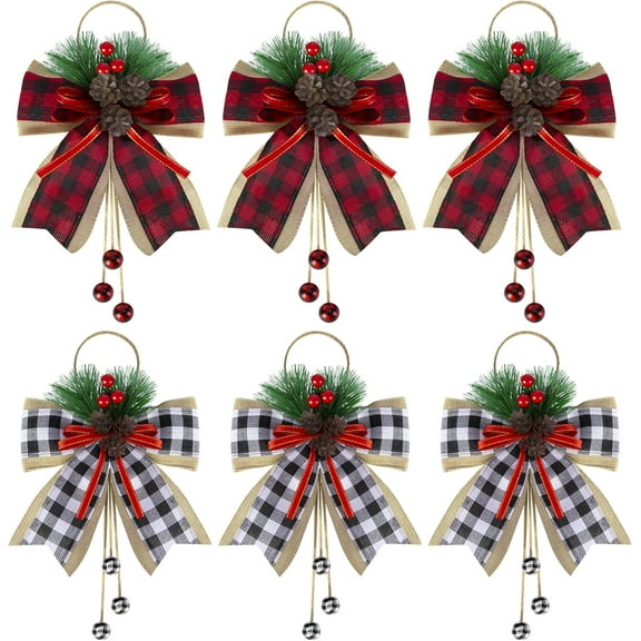 4Pcs/6Pcs Christmas Burlap Plaid Bow with Pine Cones Pine Needles- Large Christmas Decoration Buffalo Plaid Bow- Christmas Wreath Bow Buffalo Check Bow Ornament for Christmas Tree Crafts DIY Decor