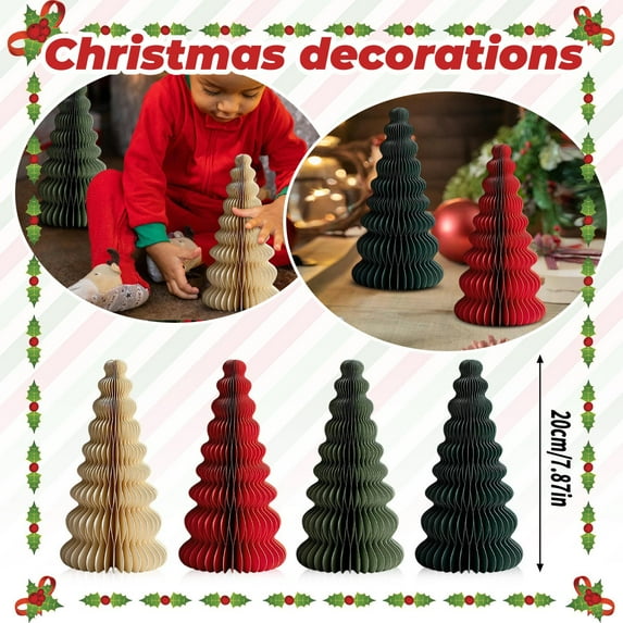 4Pcs 7.87Inch Neutral Christmas Tree Honeycomb Centerpiece Minimalist 3D Paper Trees Centerpiece Modern Christmas Decor Rustic Reusable Table Decoration for Home Decorations Christmas Gifts