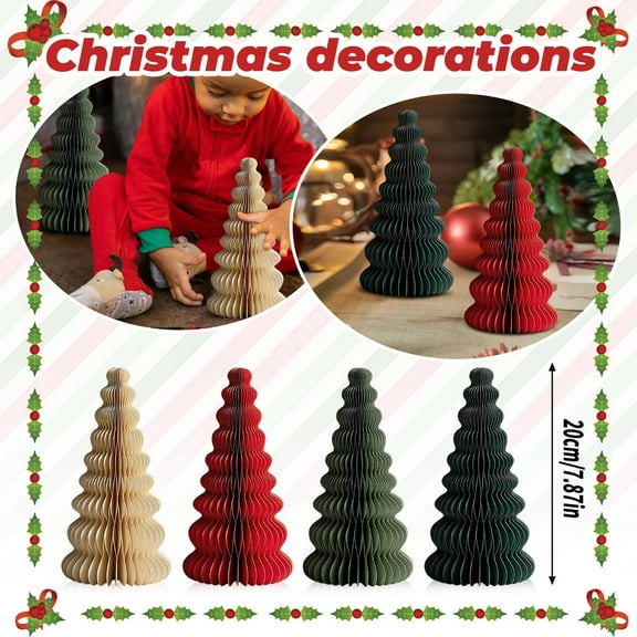 4Pcs 7.87Inch Neutral Christmas Tree Honeycomb Centerpiece Minimalist 3D Paper Trees Centerpiece Modern Christmas Decor Rustic Reusable Table Decoration for Home Decorations Christmas Gifts