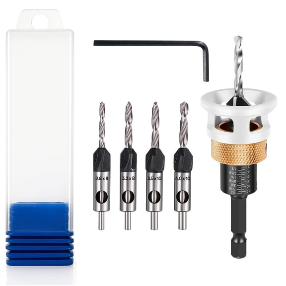 4Pcs 82 Countersink Drill Bit with Low Friction Depth Stop | Replaceable HSS M2 Tapered Bits, 1/4 Inch Hex Shank, Counter Sink Drill Bit for Wood, Plywood, MDF, Plastic