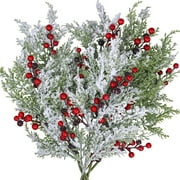 4Pcs/8Pcs Snowy Artificial Cedar Picks with Red Berries Frosted Faux Cedar Sprays Christmas Cedar Greenery Branches Stems for Christmas Tree Wreath Floral Arrangement Vase Winter Holiday Decor