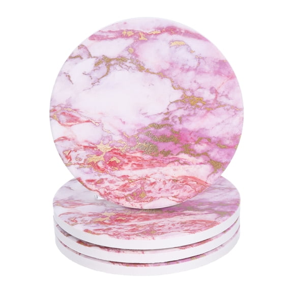4Pcs Absorbent Coasters Pink Marble Gilding Pattern Round Coaster with Cork Backing Non-Slip for Home Office 4inches