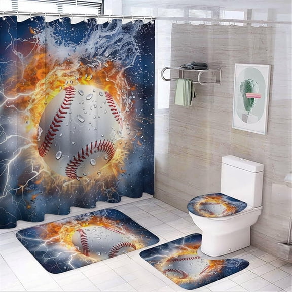 4Pcs Abstract Baseball Shower Curtain Sets with Rugs, Toilet Lid Cover and Bath Mat, Lightning Water Fire Modern Sports Bathroom Shower Curtains Set with 12 Hooks