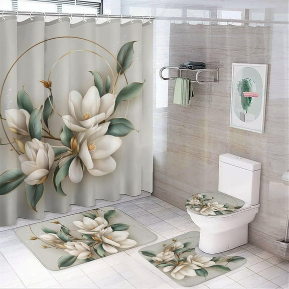 4Pcs Abstract Flower Leaf Plant Shower Curtain Sets, 4pcs Magnolia Floral Theme Shower Curtains for Bathroom with Rugs, Toilet Lid Cover, Bath Mat, 72" x 72"