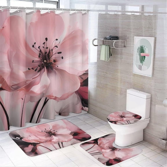 4Pcs Abstract Flowers Waterproof Shower Curtain Sets for Bathroom,Pink Modern Beautiful Floral Plants Bathroom Decor Set with Shower Curtain and Rugs and Accessories