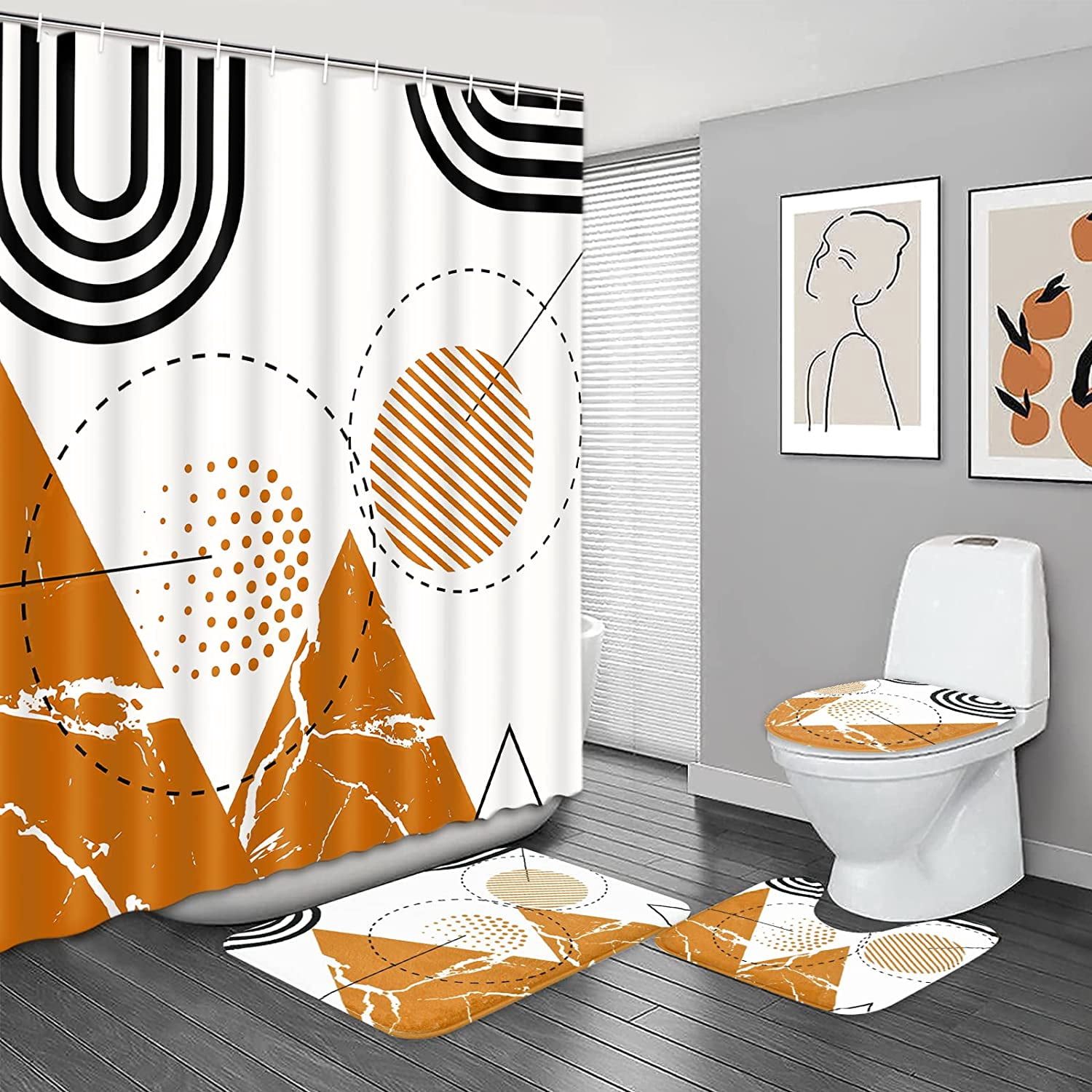 4Pcs Abstract Geometric Shower Curtain Sets with Rugs Toilet Lid Cover ...