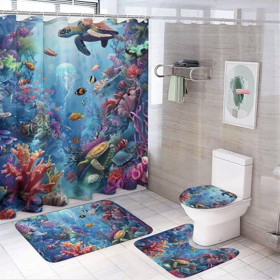 4Pcs Abstract Ocean Shower Curtain Sets, Bath Mat and Rugs, Fantasy Coral Sea Turtle Jellyfish Shower Curtain with Hooks for Bathroom