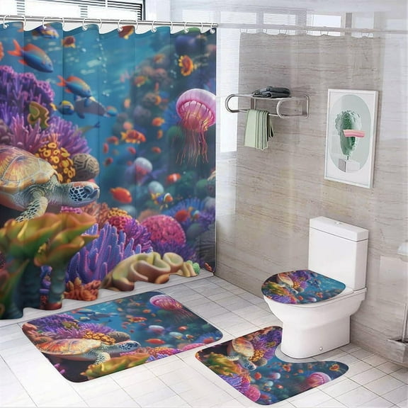 4Pcs Abstract Ocean Shower Curtain Sets, Bath Mat and Rugs, Fantasy Coral Sea Turtle Jellyfish Shower Curtain with Hooks for Bathroom