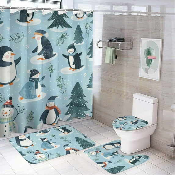 4Pcs Abstract Penguin Shower Curtain Set with Rugs, Toilet Lid Cover and Bath Mat, Winter Snowman Forest Tree Leaf Bathroom Curtains Decor Shower Curtains, 72" x 72"