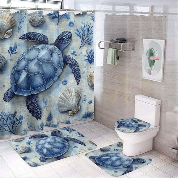 4Pcs Abstract Sea Turtle Shower Curtain Sets, Bath Mat and Rugs, Glam Ocean Coral Reef Seashell Shower Curtain with Hooks for Bathroom