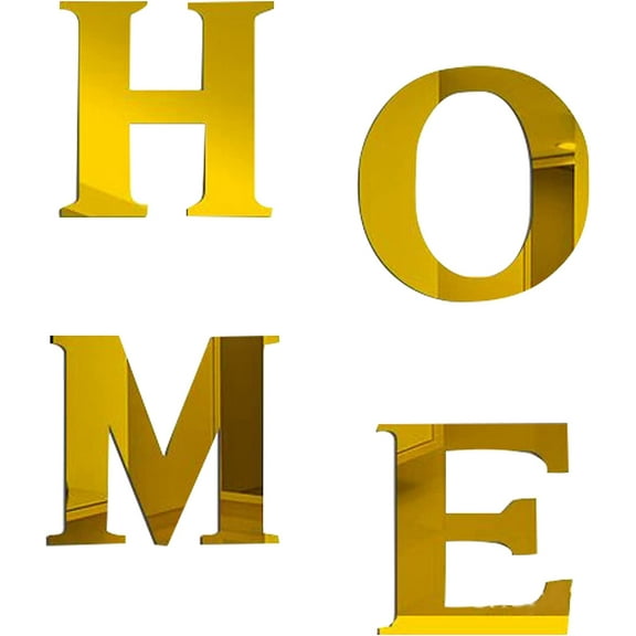 4Pcs Acrylic Mirror Home Sign Letters 3D Wall Sticker Wall Art Decals Decor Self Adhesive Removable Eco-Friendly For Home Kitchen Bedroom Living Room Bathroom Decoration Gold Color diy Gold