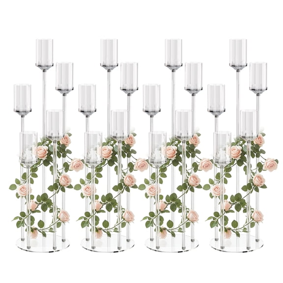 4Pcs Acrylic Tiered Candelabra Set, 3/5-Arm Clear Candlesticks Holder, Elegant LED Candle Holder Centerpiece for Wedding, Romantic Dinner & Party Decor