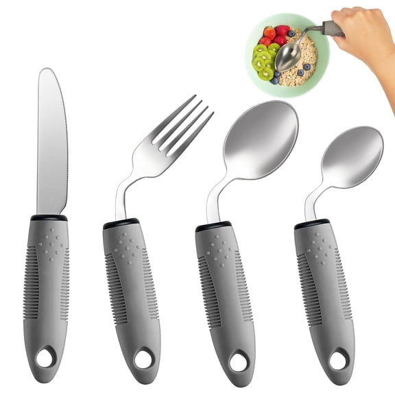 4Pcs Adaptive Utensils Set - 42° Angled Parkinsons Utensils, 2.5 oz Weighted Utensils for Tremors and Parkinsons Patients, Easy Grip Weighted Silverware for Hand Tremors (Left-Handed)
