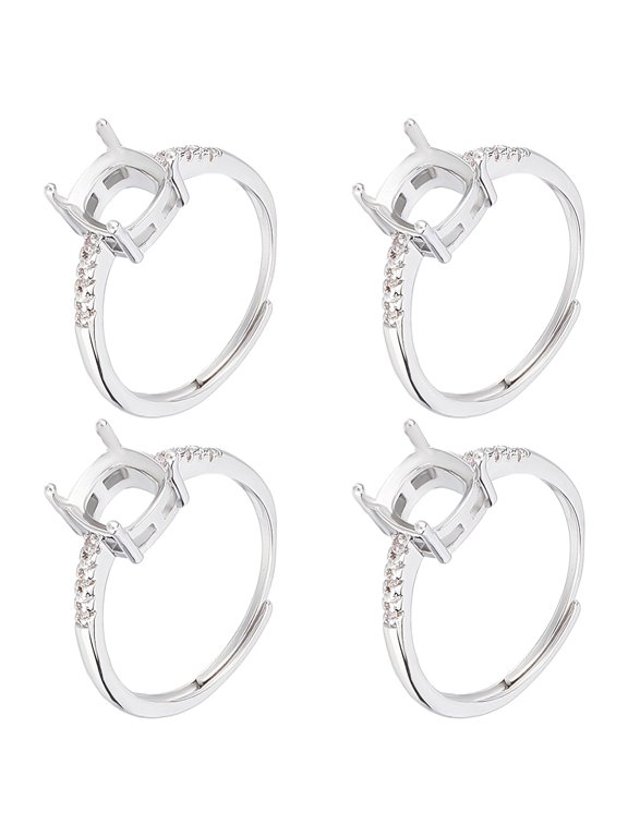 4Pcs Adjustable Brass Pad Ring Settings with Clear Cubic Zirconia Prong Ring Settings Rectangle 925 Sterling Silver Plated Size 6 3/4(17.1mm)