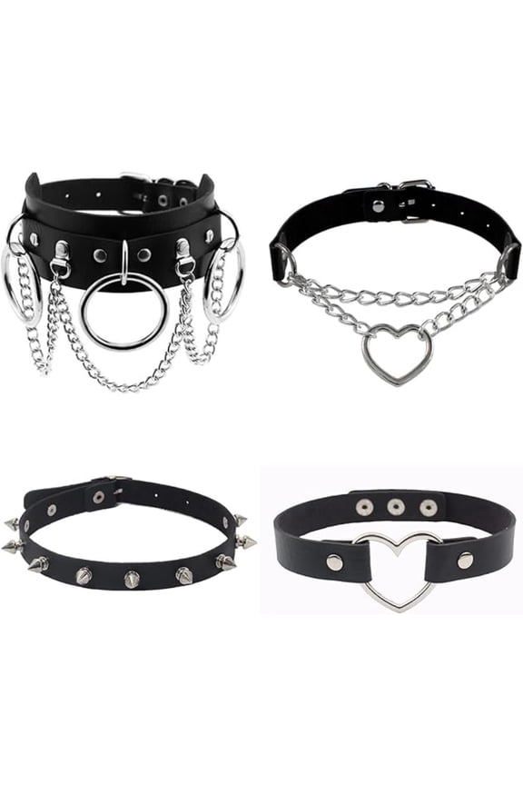 4Pcs Adjustable Gothic Choker Set, Rivet & Spike Punk Jewelry, Black PU Leather Necklace for Women Lady, Halloween Cosplay Gift Night Club Accessory