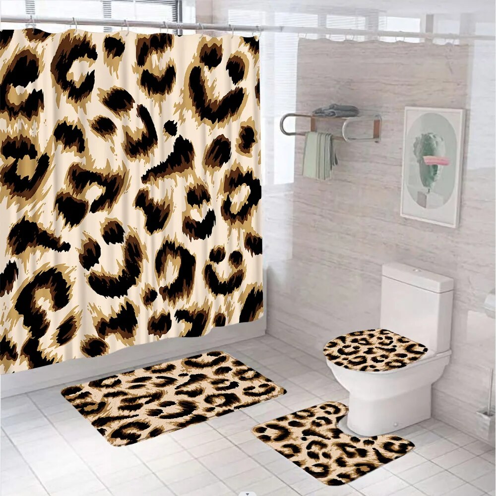 4Pcs African Leopard Shower Curtain Set Wild Animal Bathroom Curtains