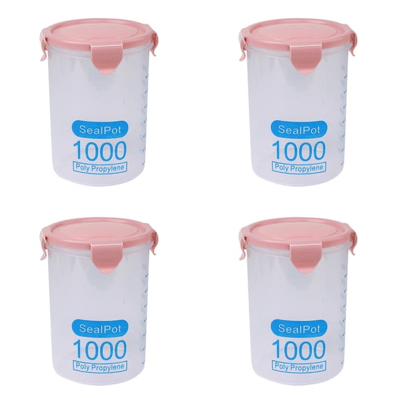 4Pcs Airtight Plastic Food Storage Container,1000ml Seal Pot with Scale Mark,Stackable Canister with Clip Lid,Transparent Cylindrical Storage Jar for Grain,Nuts,Candy,Dried Fruit,Spice Pantry