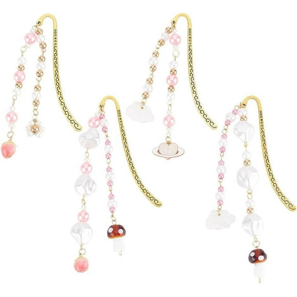 4Pcs Alloy Hook Bookmarks Acrylic Mushroom Strawberry Beaded Charm Chain Bookmarks Unique Alloy Enamel Pendant Bookmarks for Gifts Novels Readers Book Lovers Reading Marker