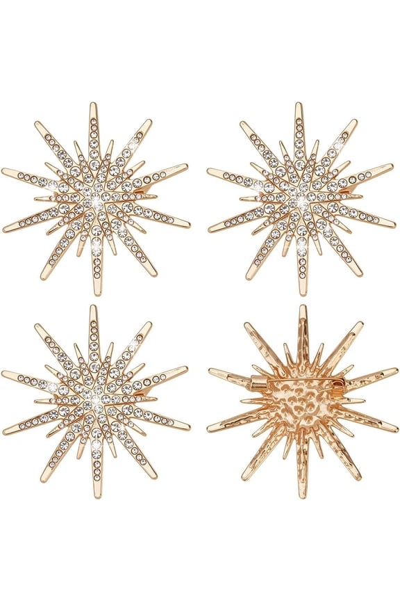4Pcs Alloy Rhinestone Lapel Pins for Clothes Snowflake Golden 54.5x52mm for DIY