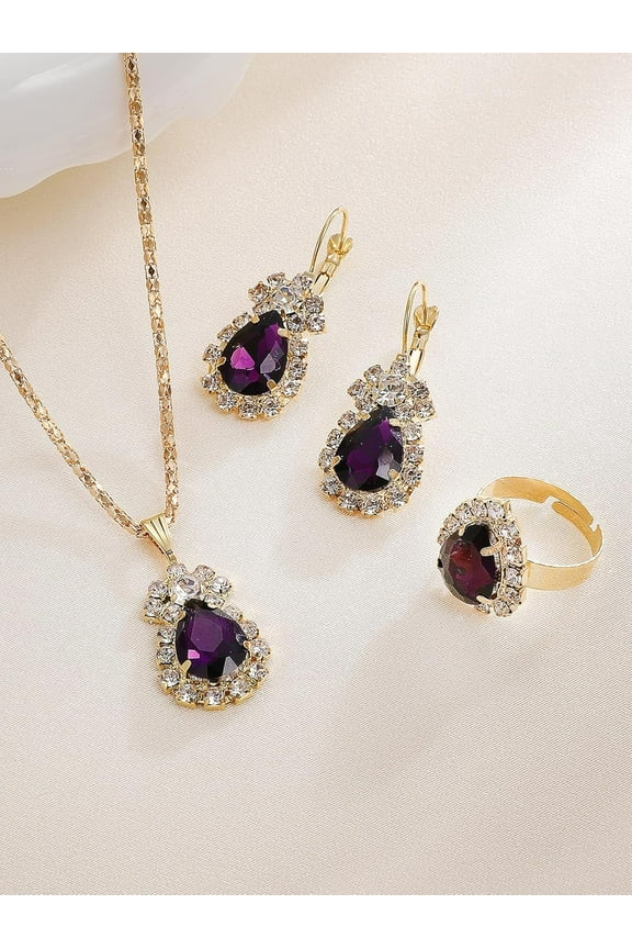 4Pcs Alloy Rhinestone Teardrop Pendant Necklaces & Earring & Rings Sets for Women Purple Necklace Earrings Set Teardrop Jewelry Set