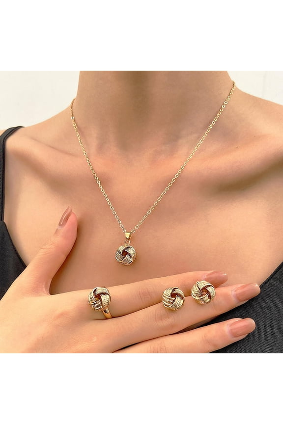 4Pcs Alloy Twist Knot Cuff Rings & Pendant Necklaces & Stud Earrings Sets Light Gold Metal Jewelry Decoration Twist Knot Jewelry Set