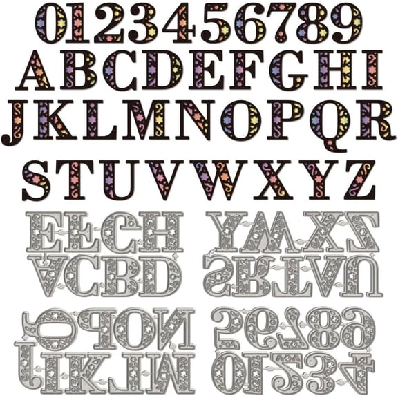 4Pcs Alphabet Letters Number Metal Cutting Dies Cuts Flower A-Z Alphabet 0-9 Number Cutting Die Floral Initial Letter Numbers Stencil Template for Scrapbooking DIY Craft Album Paper Card Decor Gray