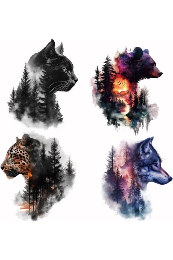 4Pcs Animal Forest Heat Transfer Stickers Bear Cat Iron on Transfers Cheetah Wolf Iron on Patches Stickers Washable Heat Transfer Paper for Clothing T-Shirt Jeans Backpacks DIY Applique Colorful