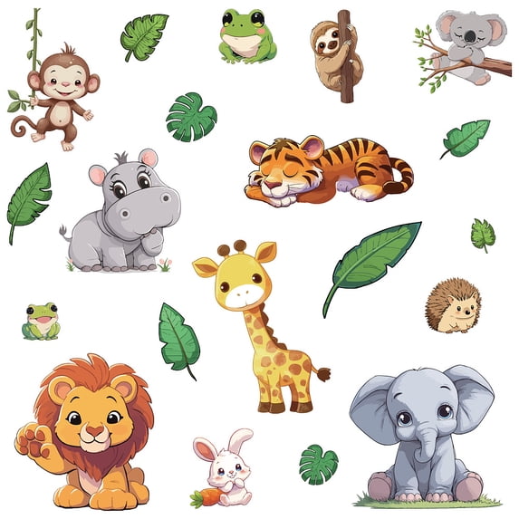 4Pcs Animal Wall Sticker Decor Zoo Animals Window Decals Self-Adhesive Elephant Lion Frog Tiger Monkey Leaf Wall Decal Peel and Stick Removable for DIY