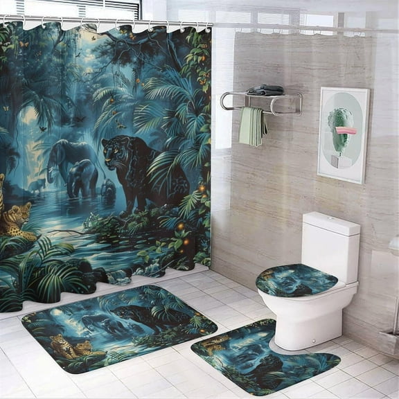 4Pcs Animal World Shower Curtain Set with Rugs, Toilet Lid Cover and Bath Mat, Forest Plants Lake Leopard Lion Elephant Bathroom Curtains Decor Shower Curtains, 72" x 72"