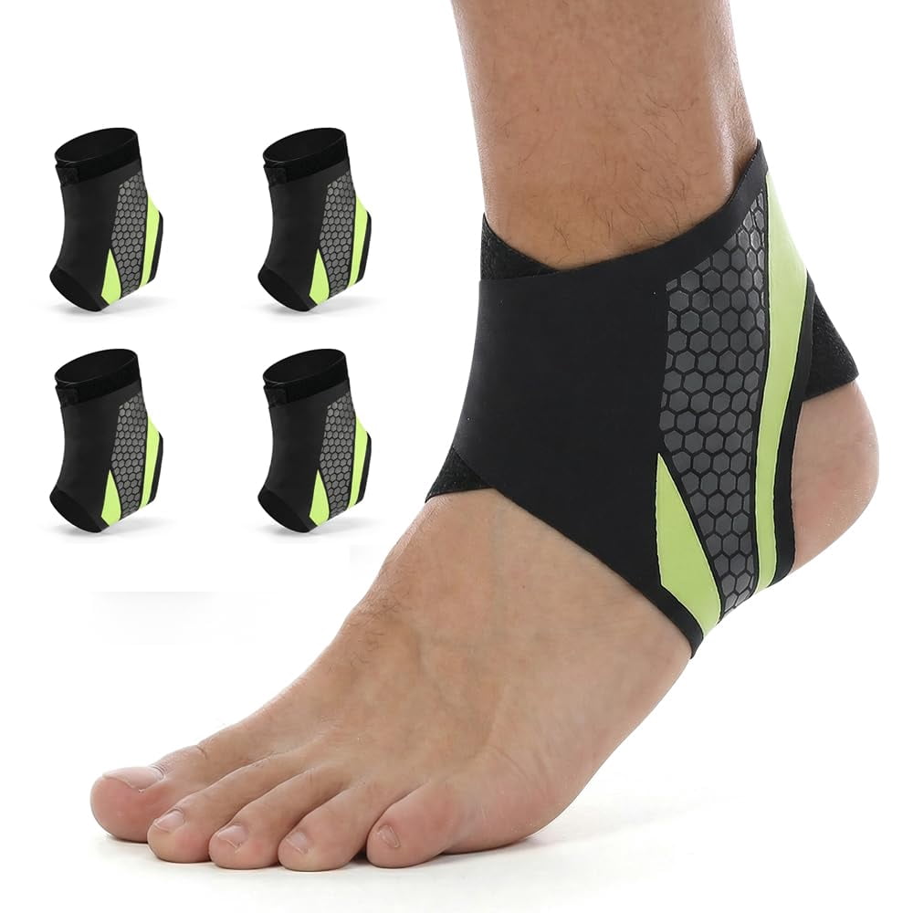 4Pcs Ankle Brace for Men & Women, Adjustable Ankle Wrap Support for Sprain Recovery Tendonitis Protection, Breathable Foot Stabilizer Brace Fit for Soccer Basketball Running Sports(Green)