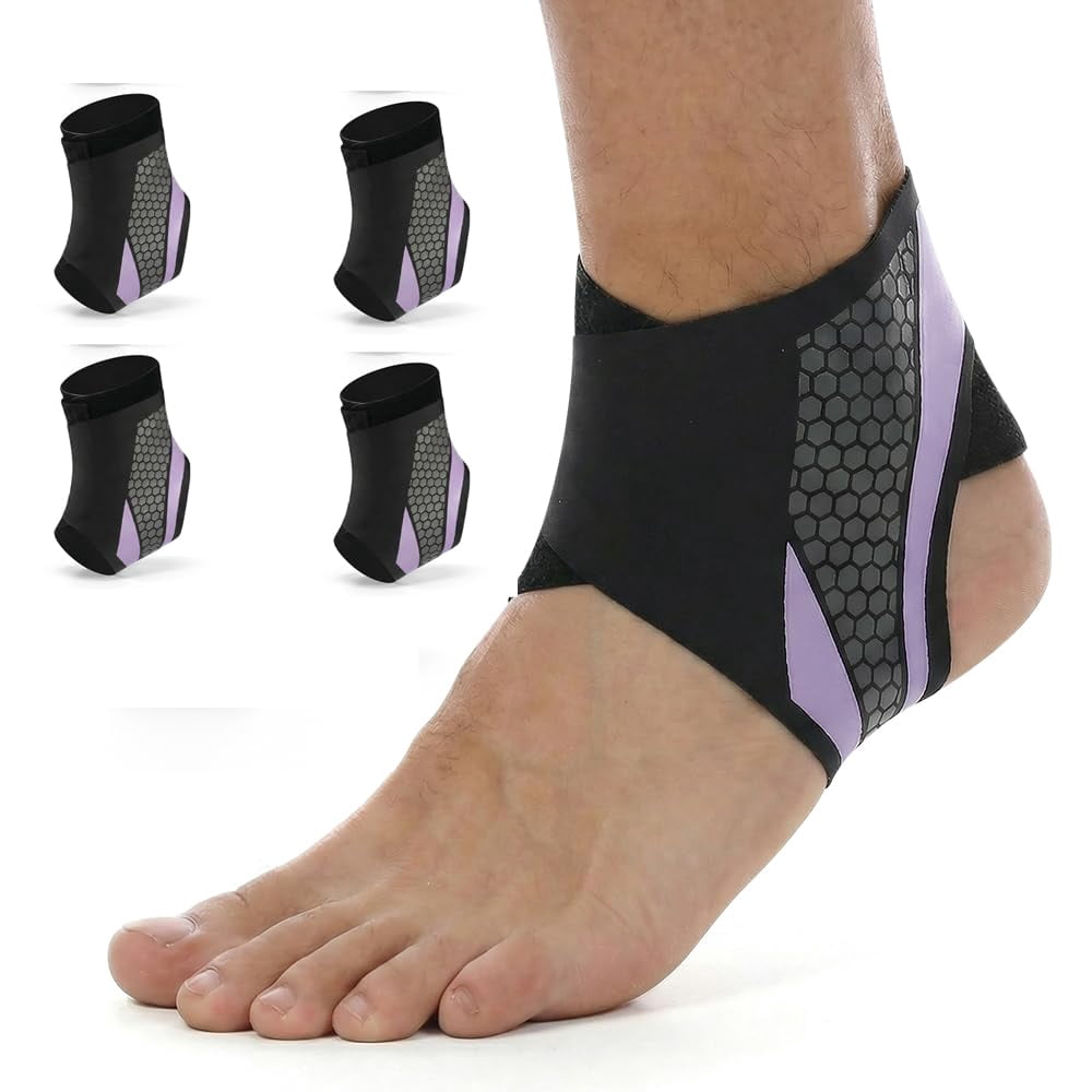 4Pcs Ankle Brace for Men & Women, Adjustable Ankle Wrap Support for Sprain Recovery Tendonitis Protection, Breathable Foot Stabilizer Brace Fit for Soccer Basketball Running Sports (Purple)